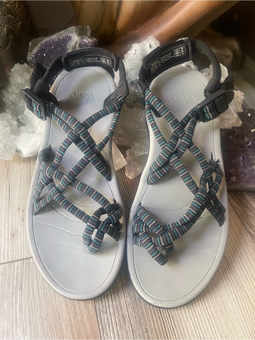 Viakix Women's Strappy Sandals in Gray with Teal and Black